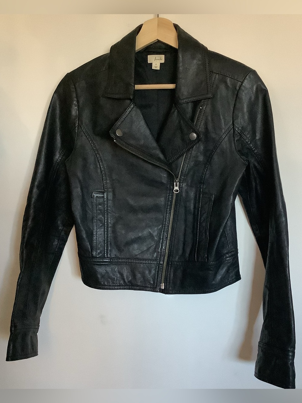 Frenchi Black 100% Genuine Leather Cropped Moto Jacket S